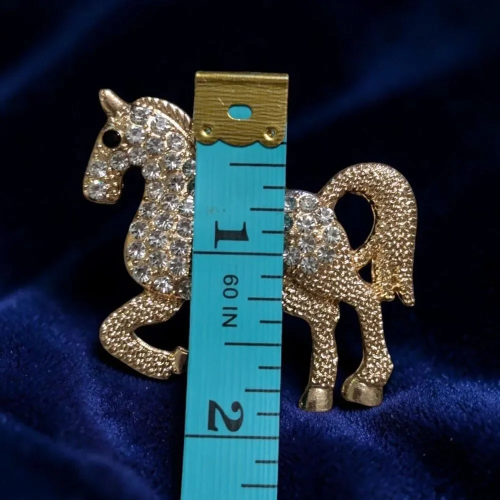 Gold Tone Rhinestone Horse Brooch, Equestrian Pony Pin, Sparkly Horse Jewelry